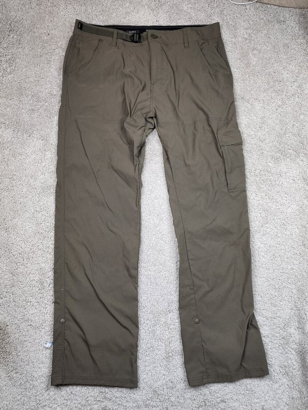 PrAna Mens Zion Cargo Pants 35x32 Belted Stretch Roll Up Olive Brown REI Hiking
